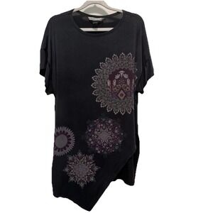 Desigual Womens Top Black Gray Assymetrical Hem Mandala Print Tunic Size S Lagen